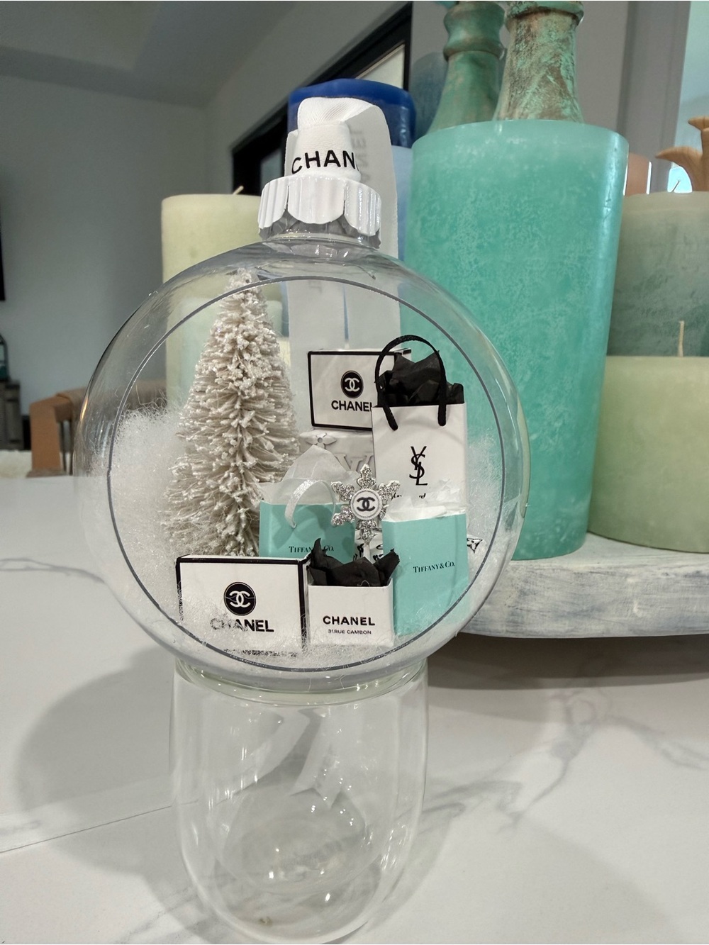 CHANEL White and Tiffany Blue Holiday Ornament Globe